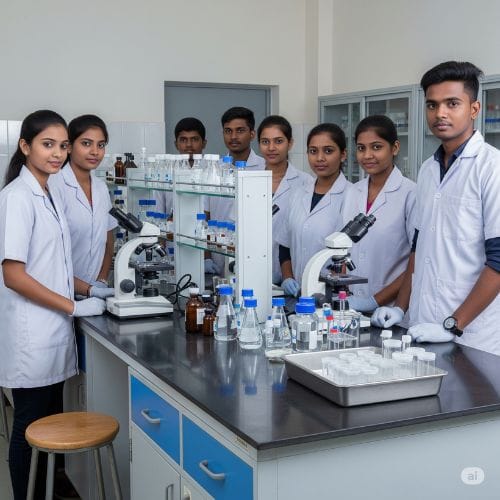 Professional lab setup or students in pharmacist uniforms